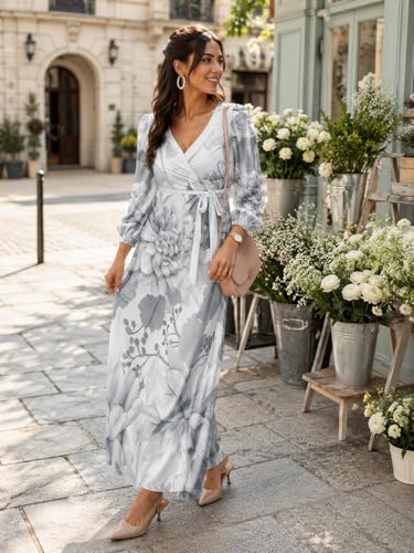Image of PinkPatty Plus Size Dresses for Curvy Women V Neck Flowy Long Sleeves Wrap Maxi Dress Travel Vacation Outfits