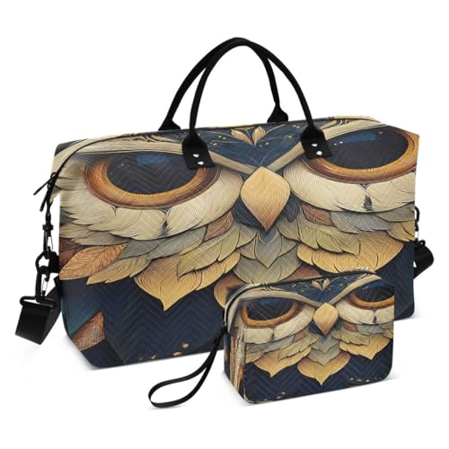 Owl Bird Gold Feather Travel Duffle Bag Gym Bag Weekender Bags with Toiletry Bag Travel Trip Tote Bag