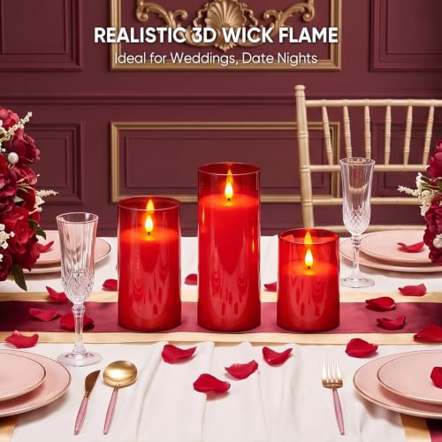 Image of Raycare Battery Operated Flameless Pillar Candles with Remote Timer, Red | LED Acrylic Candle with Warm Ambience for Christmas Celebrations, Valentine's Day Dinners, Romantic Table Settings, Set of 3