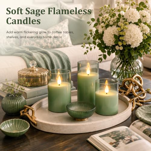 Image of Homemory Sage Green Flameless Candles, Acrylic LED Pillar Candles with Remote Timer, Set of 3