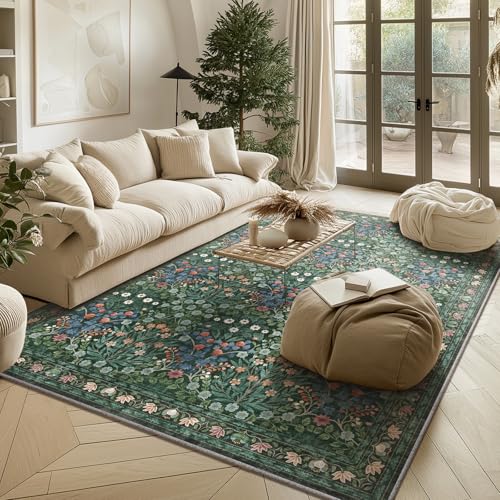 Image of Floral Dark Green Area Rugs 5x7, Soft Washable Non-Slip Low Pile Boho Rugs for Living Room & Bedroom, Stain Resistant Forest Farmhouse Large Carpet for Dining Room & Office