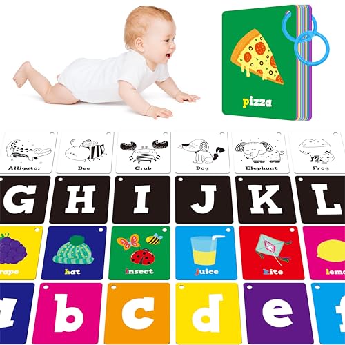 52 PCS Baby Visual Stimulus Cards, Double-Sided High Contrast Black and White, Colorful Alphabet Words Flashcards, Visual Sensory Development Montessori Cards Set for Newborn Baby, Kids, Preschool