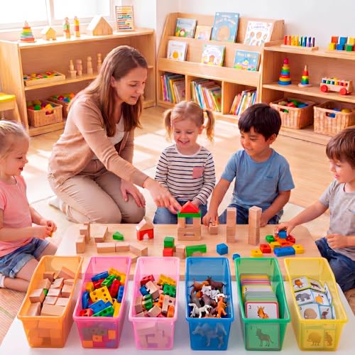Image of Geetery Plastic Book Bins for Classroom, 12 Pcs, Translucent Pastel