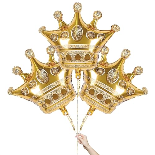 KODORIA 3Pcs Crown Balloons Foil Helium Mylar Balloons for Birthday Wedding Halloween Christmas Party Decoration - Golden