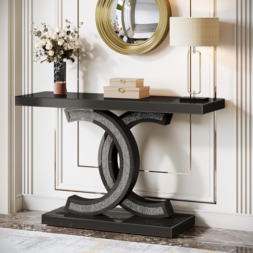 39-inch Mirrored Console Table, Modern Black Entryway Table with Sparkling Crystal Inlays, Glass Sofa Table with Mirror Finish for Entrance, Living Room