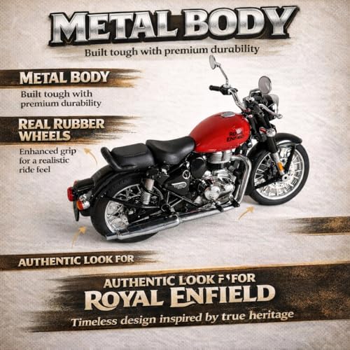 Image of Royal Enfield Classic 350 Toy Bike | 1:15 Scale Die Cast Model Motorcycle with Pull Back Action | Dual & Single Seat Mode | Interchangeable Tank Colors | Miniature Bike Toy