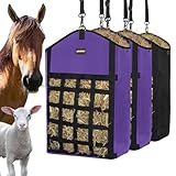 MIYABALA Hay Bags for Horses,3 Packs Slow Feed Hay Bags for Goats,Sheep,Donkey,Premium Oxford Hay Feed Bags with Front Hay Nets Design, Easy to Fill and Hang with Large Opening (2Purple + 1Black)