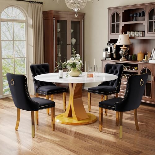 Image of 5-Piece Dining Table Set with 47In Faux Marble Table and 4 Velvet Upholstered Chairs, Modern Scandinavian Furniture for Dining Room Kitchen(Black&Gold)