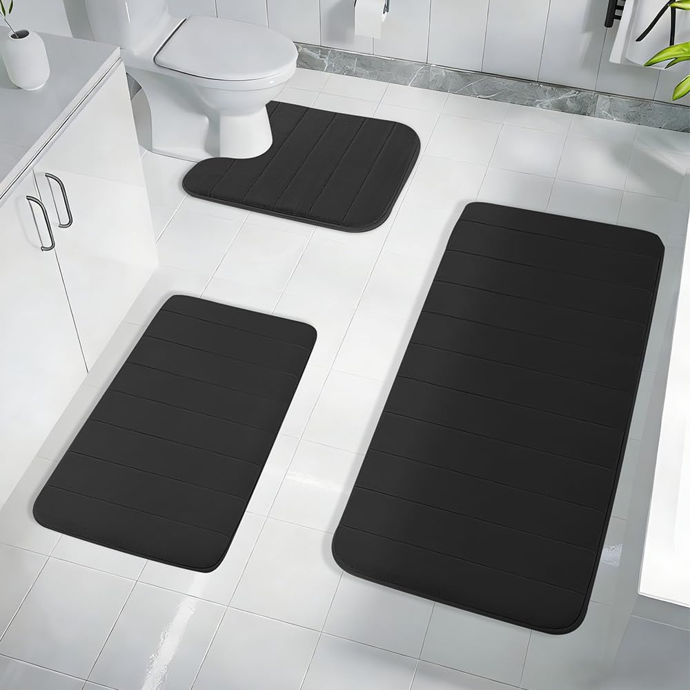 Jonuin Non-Slip Bath Mat Set, 3 Piece Memory Foam Bathroom Rugs with PVC Non-Slip Backing, Water Absorbent Bathroom Mats & U-shaped Toilet Mat, Soft Shower Mats for Bathroom Floor