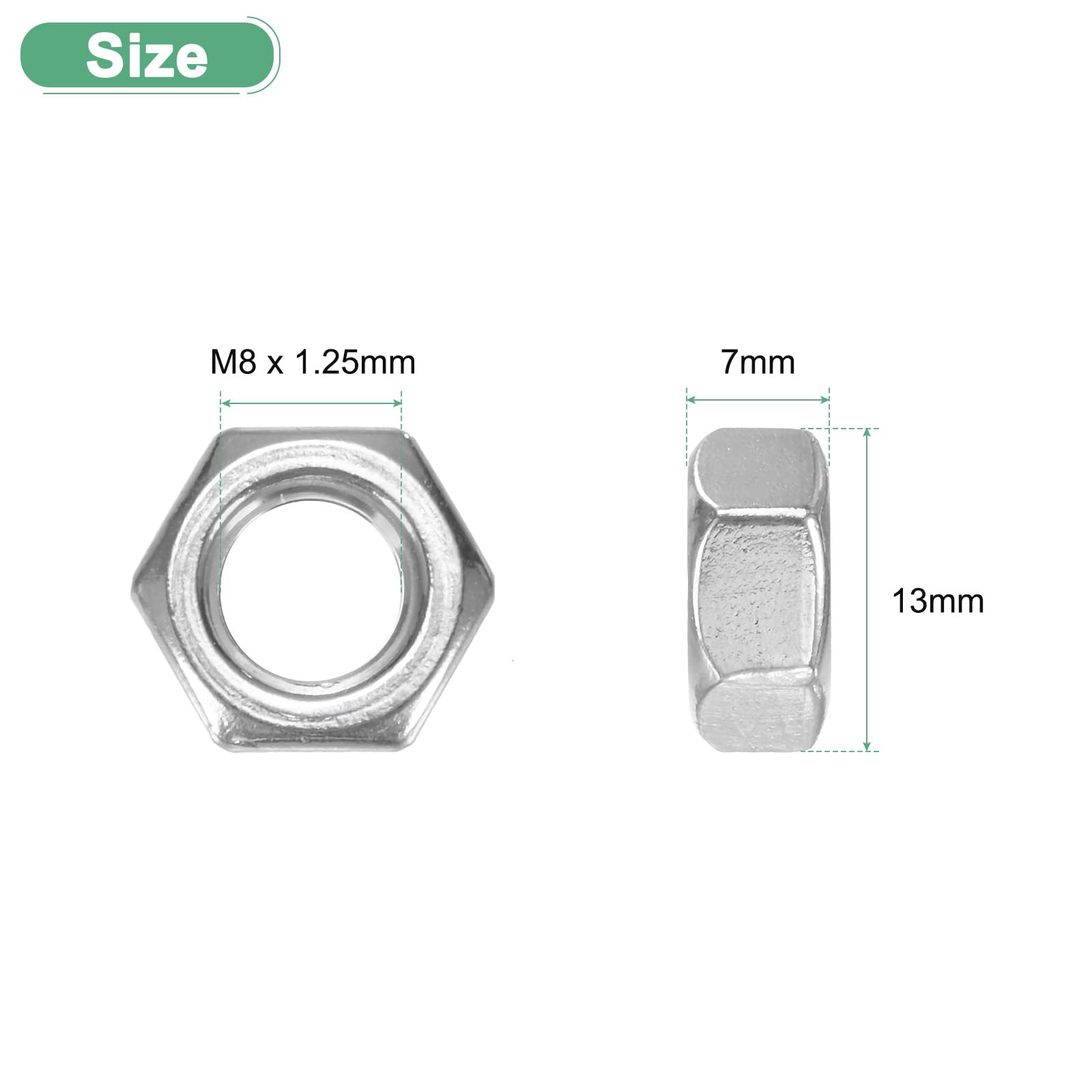 M METERXITY 100-Pack Metric Hex Nuts M8 x 1.25mm Thread Stainless Steel Hexagon Nut Hex Nut Metric Nuts for Machinery/Automotive/Repair/Industrial - Image 3