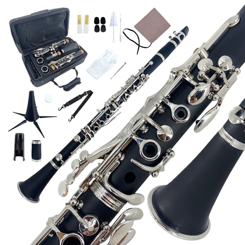 YoungMonic Bb Clarinet Black Ebonite Body Nickel-Plated Keys Wood Clarinets Complete Beginner Kit...