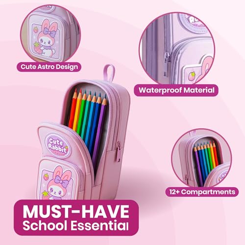 Image of Famyo Cute Pink Rabbit Pencil Pouch for Girls | Aesthetic Pencil Box for Kids | School Stationery Case & Cute Stationery Item with 3 Compartments | Pen Pouch Bag