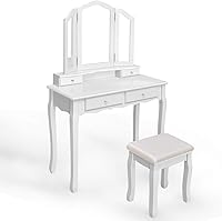 Vista 8 de Giantex Juego de tocador con espejo triple plegable y 4 cajones, tocador de maquillaje con taburete acolchado para niñas y mujeres, mesa de Blanco