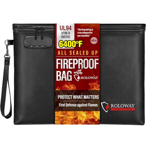 ROLOWAY Fireproof Document Bag (14.5 x 11.5 inch), 6400℉ Fireproof Money Bag with Zipper for Cash, Fire Safe Money Pouch with Lock (Black)