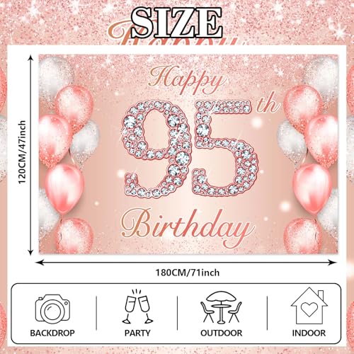Image of Happy 95th Birthday Rose Gold Banner Cheers to 95 Years Old Backdrop Confetti Balloons Theme Decor for Women 95 Years Old Pink Birthday Party Decorations Bday Supplies Background Favors Gift Glitter