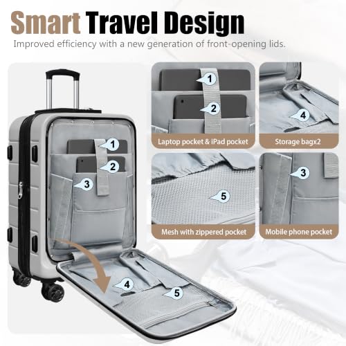 Image of KEYTANG SmileLine 3-Piece Luggage Set Lightweight Hardside Suitcase TSA Lock Spinner Wheels, 20 inch Expandable Carry-On Luggage with Quick Access Front Open Pocket, Bonus Makeup Bag,Silver