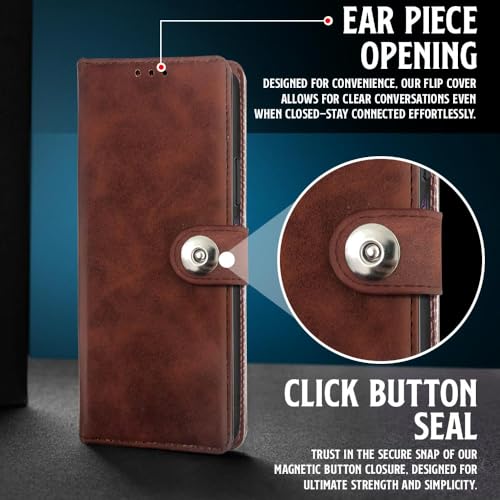 Image of WOW IMAGINE Shock Proof Flip Cover Back Case for Vivo T4x 5G | iQoo Z10x 5G | Vivo Y31 Pro 5G (Magnetic Button Flip Case | Wallet Pockets & Stand | Leather Finish | Coffee)