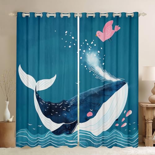Erosebridal Blue Sea Whale Curtains for Boys Girls Kids,Cartoon Ocean Animal Toddler Curtains Blackout Nautical Bedroom Decor,Ocean Waves Curtains Coastal Beach Window Curtains 2 Panels 52