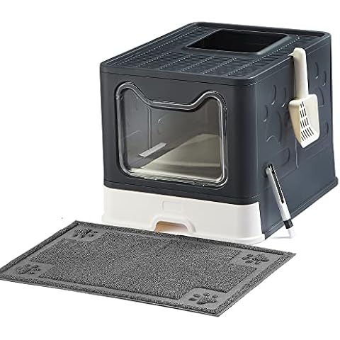 Suhaco Foldable Cat Litter Tray Top Entry Cat Litter Box with Lid, Covered Kitten Litter Tray Including Cat Litter Scoop Easy Clean with Litter Mat & 2-1 Cleaning Brush (Black) Cover