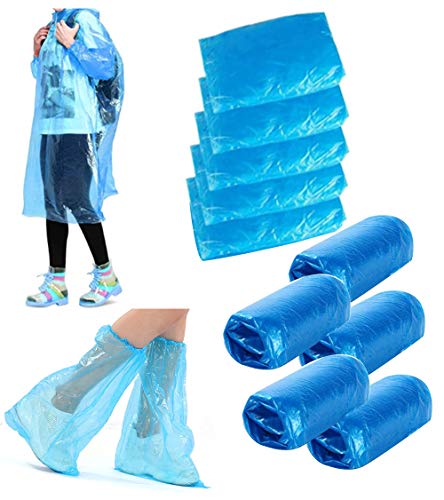 SSyang 5 Piezas Poncho de Lluvia,Desechable Chubasquero con Capuchas y Mangas,con 5 Zapatos Desechables Fundas de Botas para...