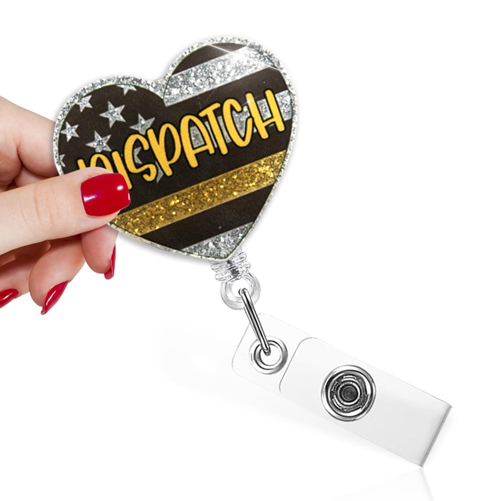 TOUNER Dispatch Funny USA Flag Badge Reel with Silver Glitter, Retractable ID Clip Holder for First Responders Emergency Room Employees, Dispatcher