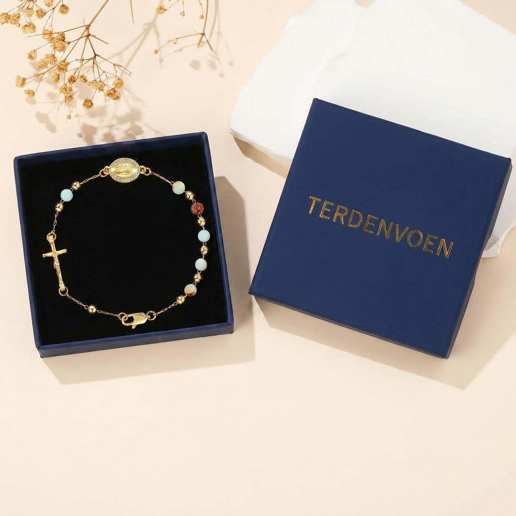 Catholic Crucifix Gifts Rosary Bracelet for Women-14K gold plated Virgin Mary Jesus Cross Charm Link Chain, Dainty Virgen de Guadalupe Religious Gift for Confirmation Baptism First Communion