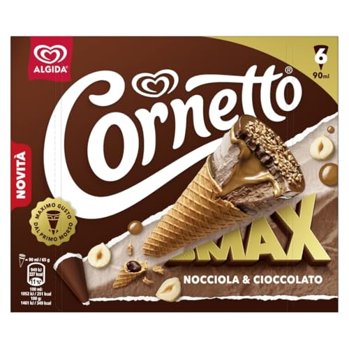 Cornetto Max Nocciola & Cioccolato, granella di nocciola caramellata, strato alla nocciola e al cacao, salsa alla nocciola salata, gelato bigusto nocciola e cioccolato, 6 pezzi da 90 ml