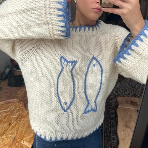 Giraropa Women Graphic Sweater Lobster/Fish Contrast Long Sleeve Crewneck Pullover Sweaters Chunky Knit Top4