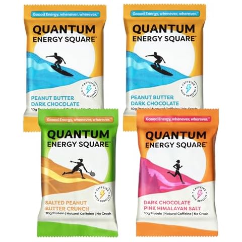Quantum Energy Square: Energy Bar with Caffeine & 10g Protein. Delicious Healthy Snack On The Go. (Vegan, Gluten-free, Soy-free, Dairy-free). Flavor: Variety 4-Pack Cover
