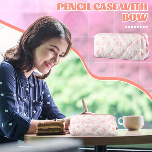 Image of Sherr Coquette Bow Pencil Case Pink Bow Cute Pencil Pouch Soft Cotton Storage Bag Aesthetic Pattern Gift Makeup Pouch Cosmetic Bag for Women