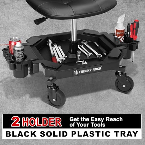 Image of Rolling Stool with Wheels, Adjustable Height Pneumatic Garage Work Mechanic Stool Seat with Backrest, 400 LBS Capacity 360 Swivel Mechanic Crepper Chair with Tool Tray Storage, Black