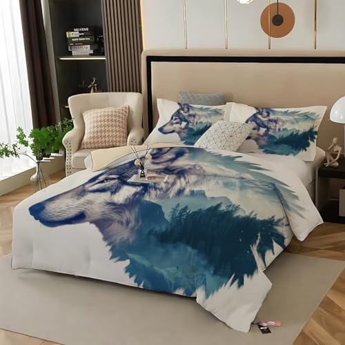 Juego de Funda nórdica de : Juego de Cama Reversible de 3 Piezas con Estampados de Lobo Gris Salvaje, Funda de edredón de Microfibra cepillada Suave con Estampados de Bosque Verde y 2