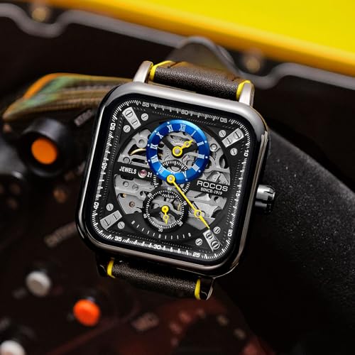 Image of ROCOSJEWE Automatic Watches for Men Skeleton Mechanical Watch Stainless Waterproof Anti Shock Casual Analog Dress Watch Leather Band Vintage Square Ultra Thin Business Wristwatch R0917