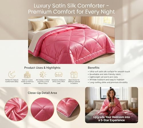 Image of SANMARINO Satin Comforter Double Bed 88x96 Inches | 300 TC Ultra Soft Silky Satin Comforter | Luxury Bedding for Bedroom, Couples, Wedding & Home Decor (Rose Pink)