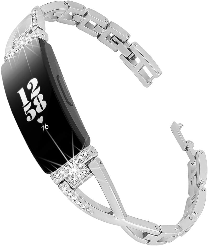 Dsytom Compatible with Fitbit Inspire HR Bands/Fitbit Inspire Band, Jewelry Inspire Band Women Metal Strap with Bling Stone Replacement for Fitbit Inspire/Inspire HR Smartwatch(Silver)