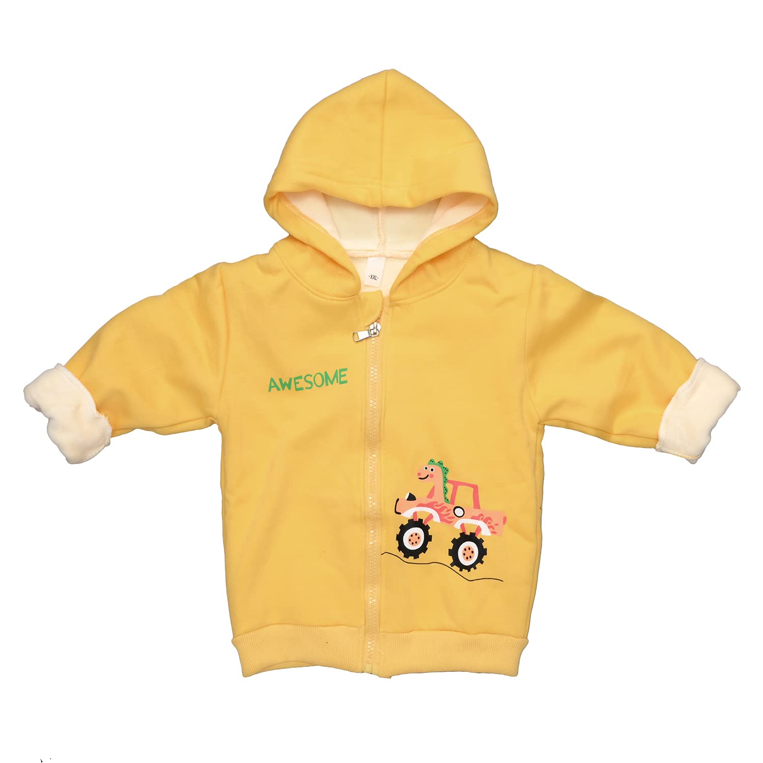 Bold N Elegant Kids Winter Warm Fleece Awesome Dinosaur Print Front Open Zipper Hoodie Regular Fit Sweatshirt for Infant Toddler Baby Boys & Girls (2-3 Years, Yellow) - Image 2 thumbnail