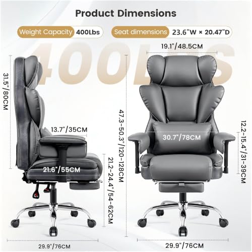 Image of Office Chair 400 LBS, Heavy Duty High Back Executive Desk Chair | 23.6 inch Extra-Wide Seat with Footrest for Big & Tall Users, Ergonomic Lumbar Support, 165 Recline, Padded Arms, Gray, 2 Pack