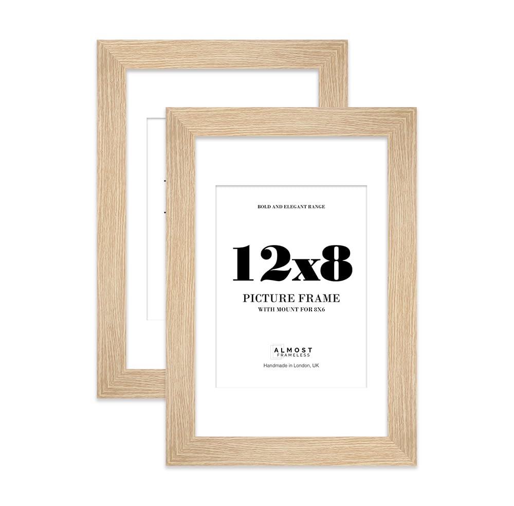 12x8 Oak Frame With Mount for 8x6 Pictures 28mm Edge Portrait and Landscape Display with Wall Hooks and Kickstand, 2 Pack