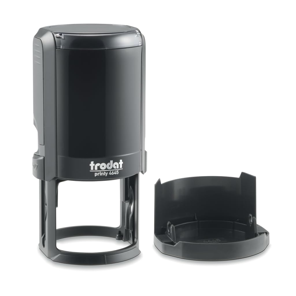 Trodat - Printy 4645 – runder Custom Stempel mit Wunschtext personalisieren, hier gleich online gestalten Gehäusefarbe schwarz – Adresstempel - Firmenstempel - mit Wunschtext – 45 mm -