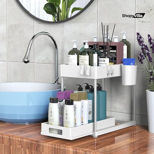 Image of Under Sink Organizers and Storage, Kitchen Bathroom Sink Organizer with Hooks, 2 Tier Under Sink Cabinet Basket Storage Shelf with Sliding Drawers (1, White)