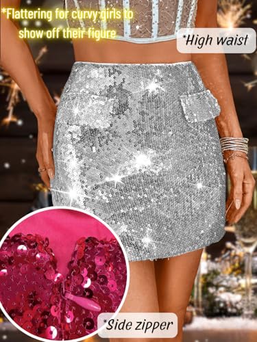 Kaei&Shi Sparkly Sequin Mini Skirt,High Waisted Glitter Holiday Skirts,Disco Concert Outfit for Women4