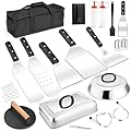 Griddle Accessories Set of 26, Leonyo 18/10 Stainless Steel Flat Top Grill Accessories, Outdoor Griddle Accessories Tool Kit with Round & Rectangular Basting Cover, Metal Spatulas, Bacon Press
