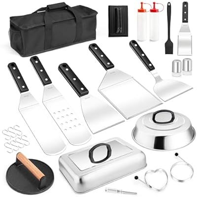 Griddle Accessories Set of 26, Leonyo 18/10 Stainless Steel Flat Top Grill Accessories, Outdoor Griddle Accessories Tool Kit with Round & Rectangular Basting Cover, Metal Spatulas, Bacon Press