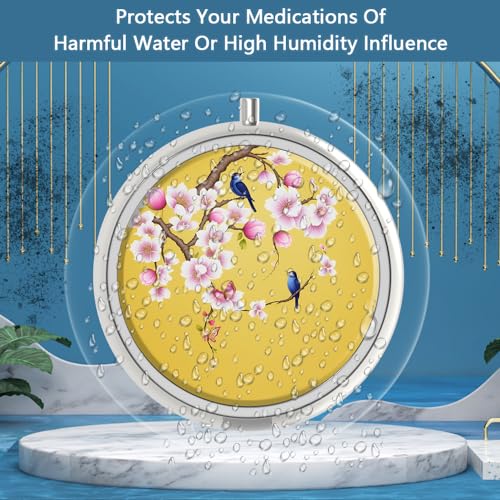 Image of Pill Box 3 Compartment Medicine Pill Case,Portable Pill Box for Pocket or Purse Pill Box Decorative Metal Medicine Vitamin Organizer Unique Gift(Peach Blossom)