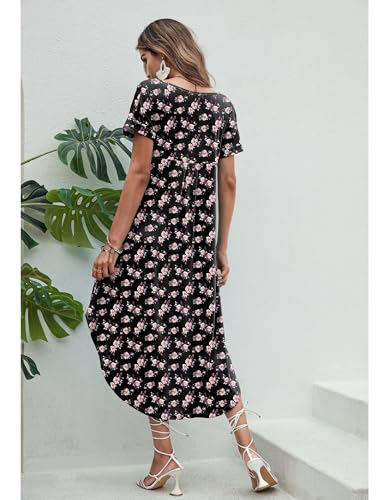 Image of Ekouaer Long Nightgowns for Women Short Sleeve House Dress with Pockets V Neck Sleepshirts Side Split Sleepwear S-4XL