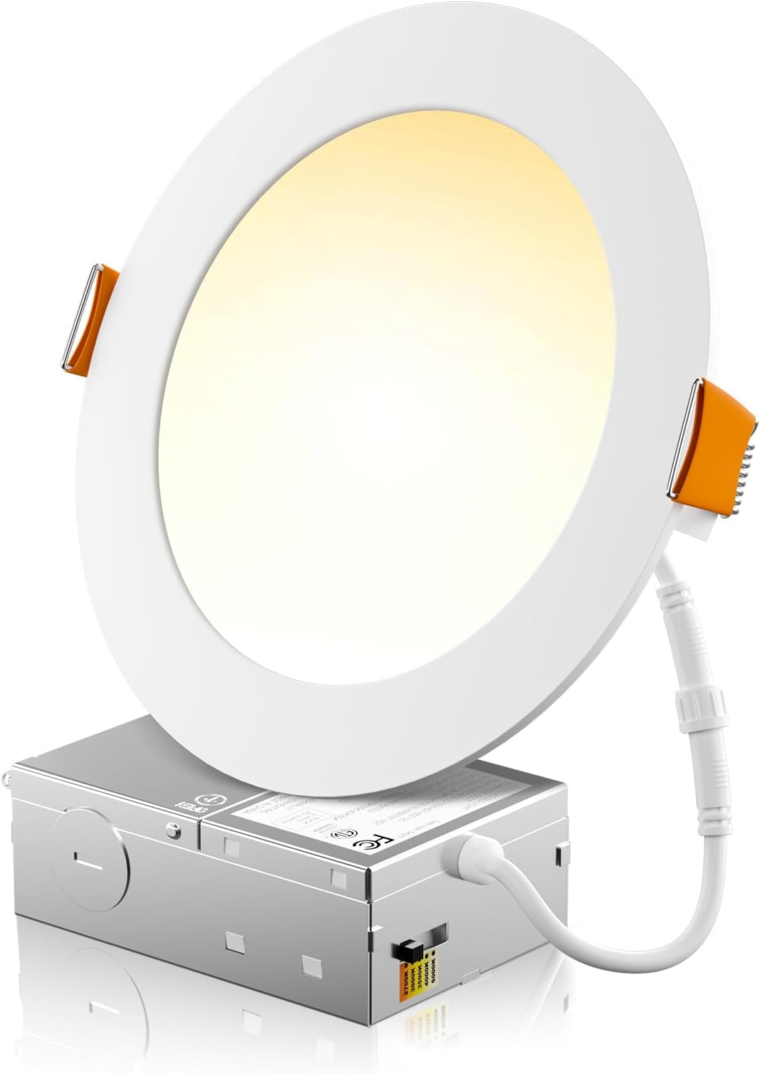 1 Pack 6 Inch 5CCT Ultra-Thin LED Recessed Ceiling Light with Junction Box, 2700K/3000K/3500K/4000K/5000K Selectable, 1050LM Brightness, Dimmable Canless Wafer Downlight, 12WEqv110W-ETL&FCC