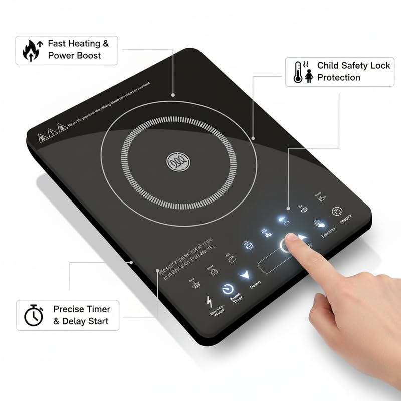 Image of Drumstone (15 Years Replacement Warranty) Energy-Efficient 2000W Portable Induction Cooktop - Touch LED Display, Preset Menus, Quick Heating Electric Stove for Home, Office & Travel