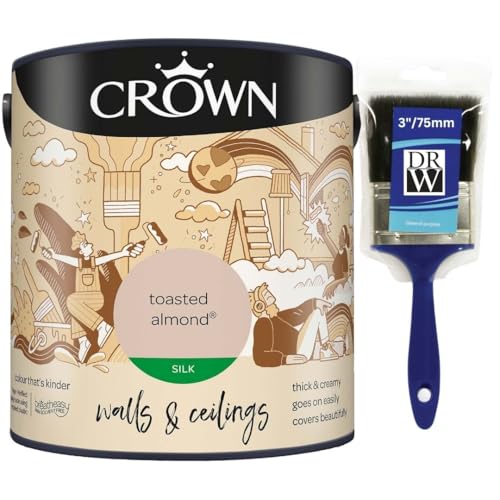 Image of DRW Toasted Almond Silk Emulsion Paint 2.5L+3" Paint Brush | Interior Wall and Ceiling Paint | Smooth Flat Matt Finish | Durable Everyday Room Paint for Living Room Bedroom Hallway and Dining Room