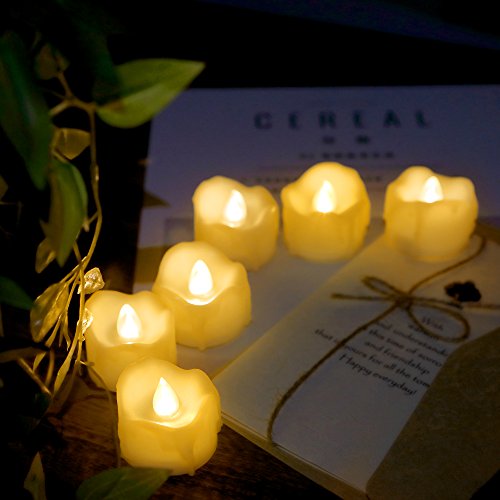 Image of 12 Battery Operated Flameless LED Votive Tealight Candles with Timer Realistic Flickering Electric Tea Lights Set Bulk Baptism Wedding Party Decoration Kitchen Home Decor Centerpieces Batteries Incl.
