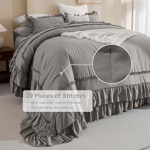 Image of QSH Grey Oversized King Comforter Set 120x120, Farmhouse Ruffled Bed Comforter Gray French Country Rustic Vintage Comforter Microfiber Soft Lightweight Fluffy Shabby Bedding 3 PCs